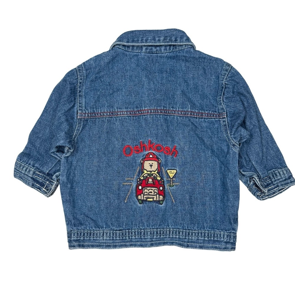 Vintage‎ 90s Oshkosh Baby Jean Jacket Denim 12 Mo Fireman Firetruck Embroidered